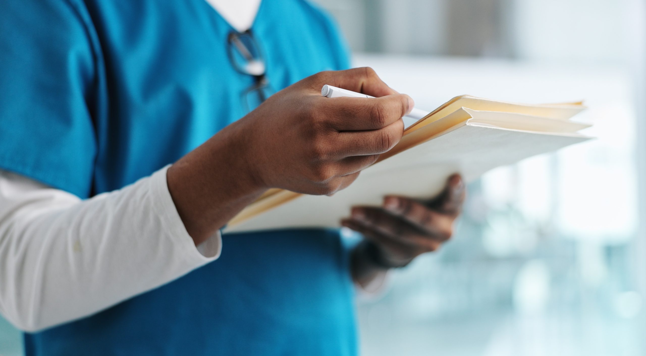 Healthcare,,Nurse,And,Hands,With,Documents,,Writing,And,Professional,With